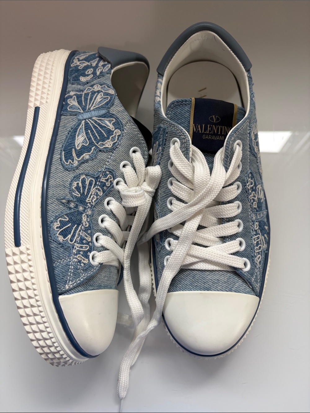 Authentic Valentino Garavani Denim Butterfly rare Embroidered Sneakers